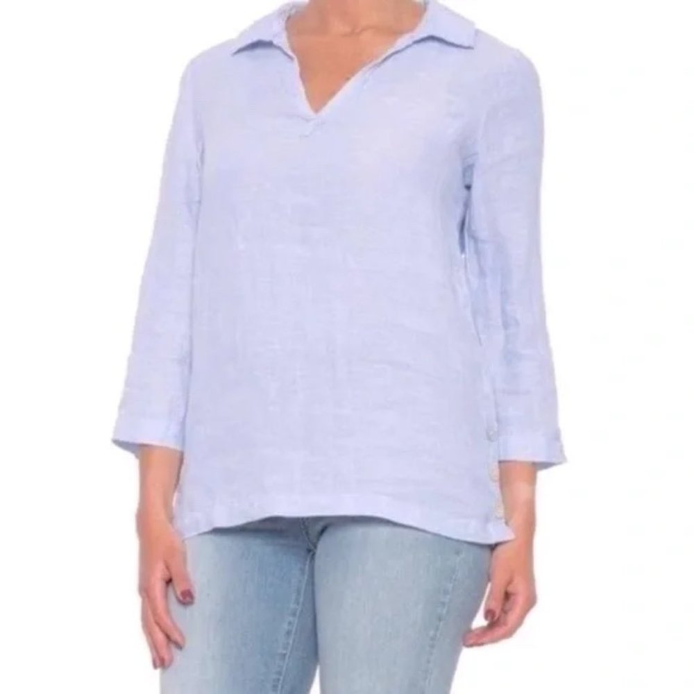 Light Blue Women's Linen V-Neck Pullover Top